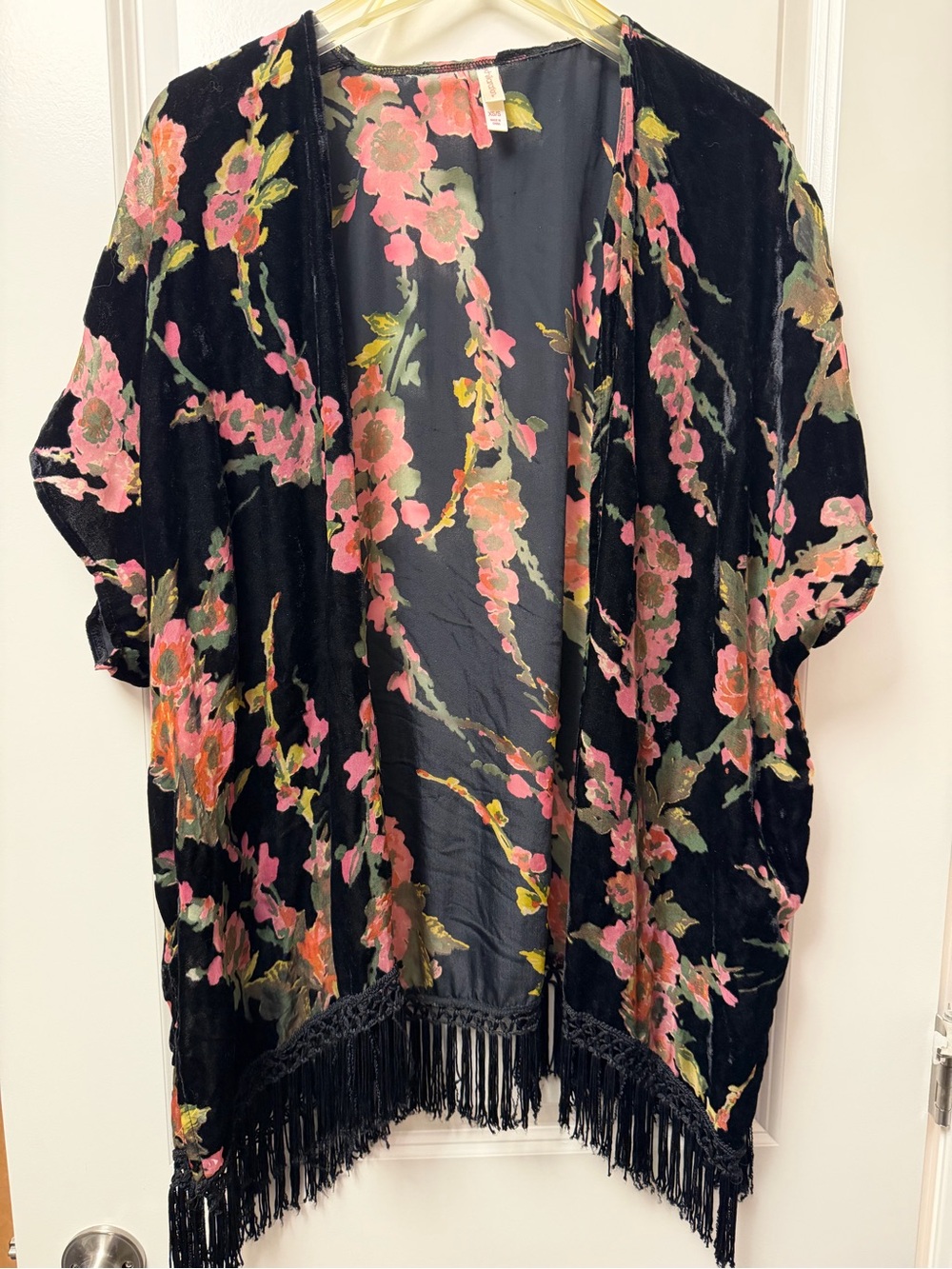 Xhilaration Black Velvet Floral Fringe Kimono - Pink, Green, Gold